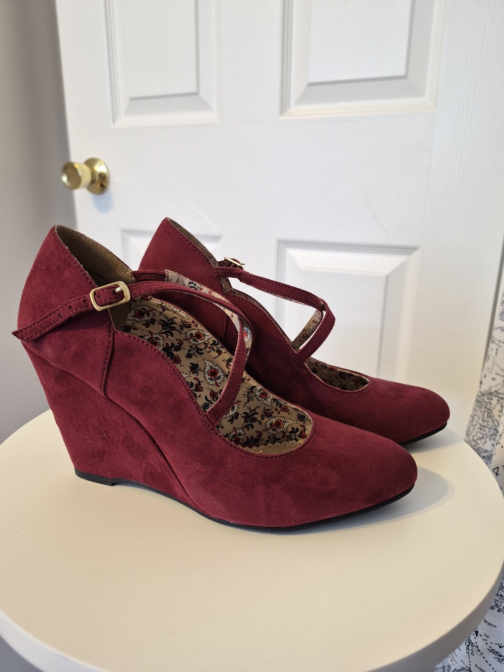 Women’s Burgundy Suede Wedge Mary Jane Shoes